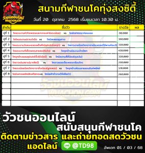 Read more about the article โปรแกรมวัวชน สนามกีฬาชนโคทุ่งสงซิตี้ 20 ตุลาคม 2568 รายการวัวชน