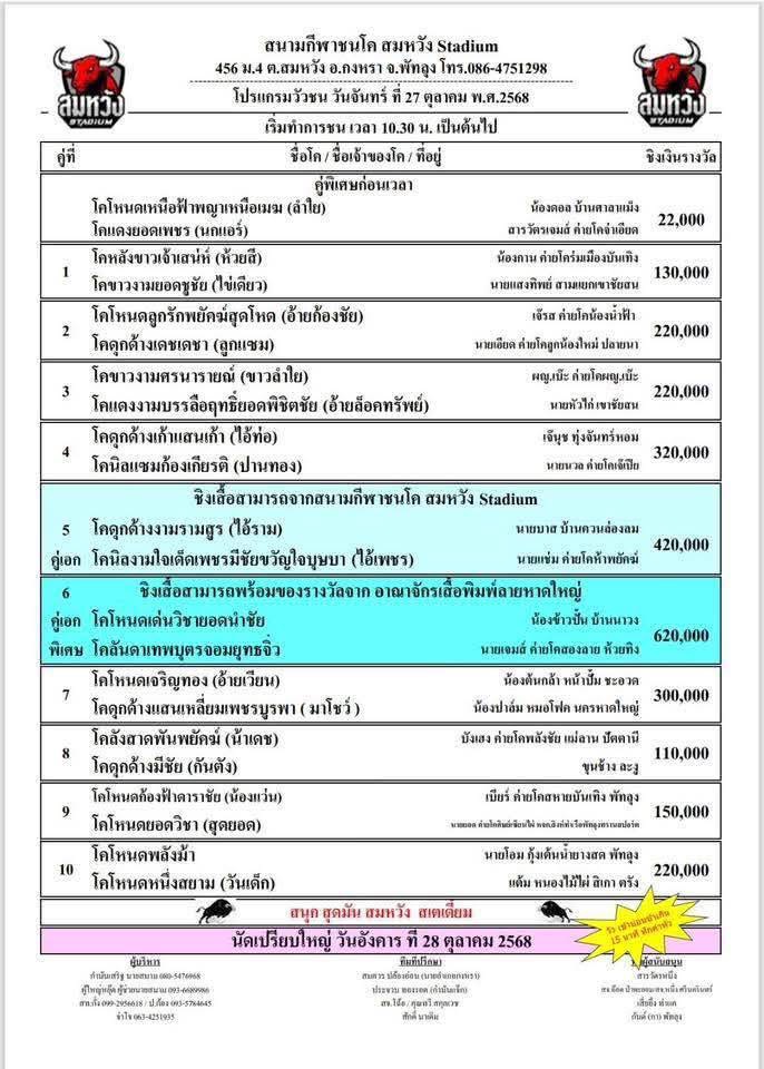 You are currently viewing โปรแกรมวัวชน สนามกีฬาชนโคสมหวัง 27 ตุลาคม 2568 รายการวัวชน