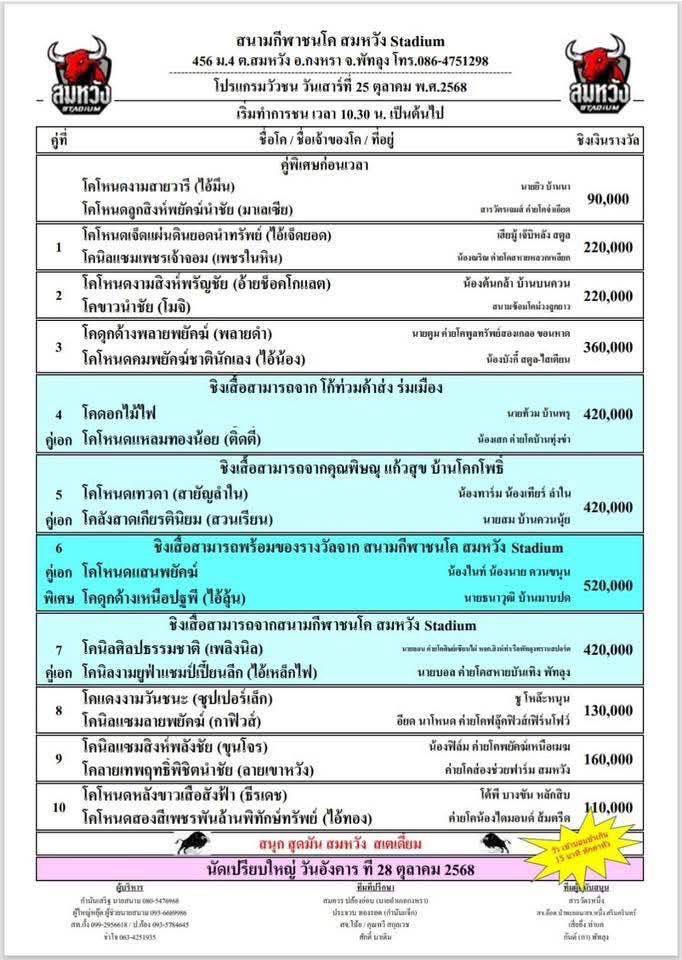 You are currently viewing โปรแกรมวัวชน สนามกีฬาชนโคสมหวัง 25 ตุลาคม 2568 รายการวัวชน