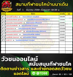 Read more about the article โปรแกรมวัวชน สนามกีฬาชนโคบ้านนาเดิม 1 ธันวาคม 2568 รายการวัวชน