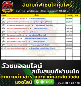 Read more about the article โปรแกรมวัวชน สนามกีฬาชนโคทุ่งโพธิ์ สเตเดี้ยม 15 พฤศจิกายน 2568 รายการวัวชน