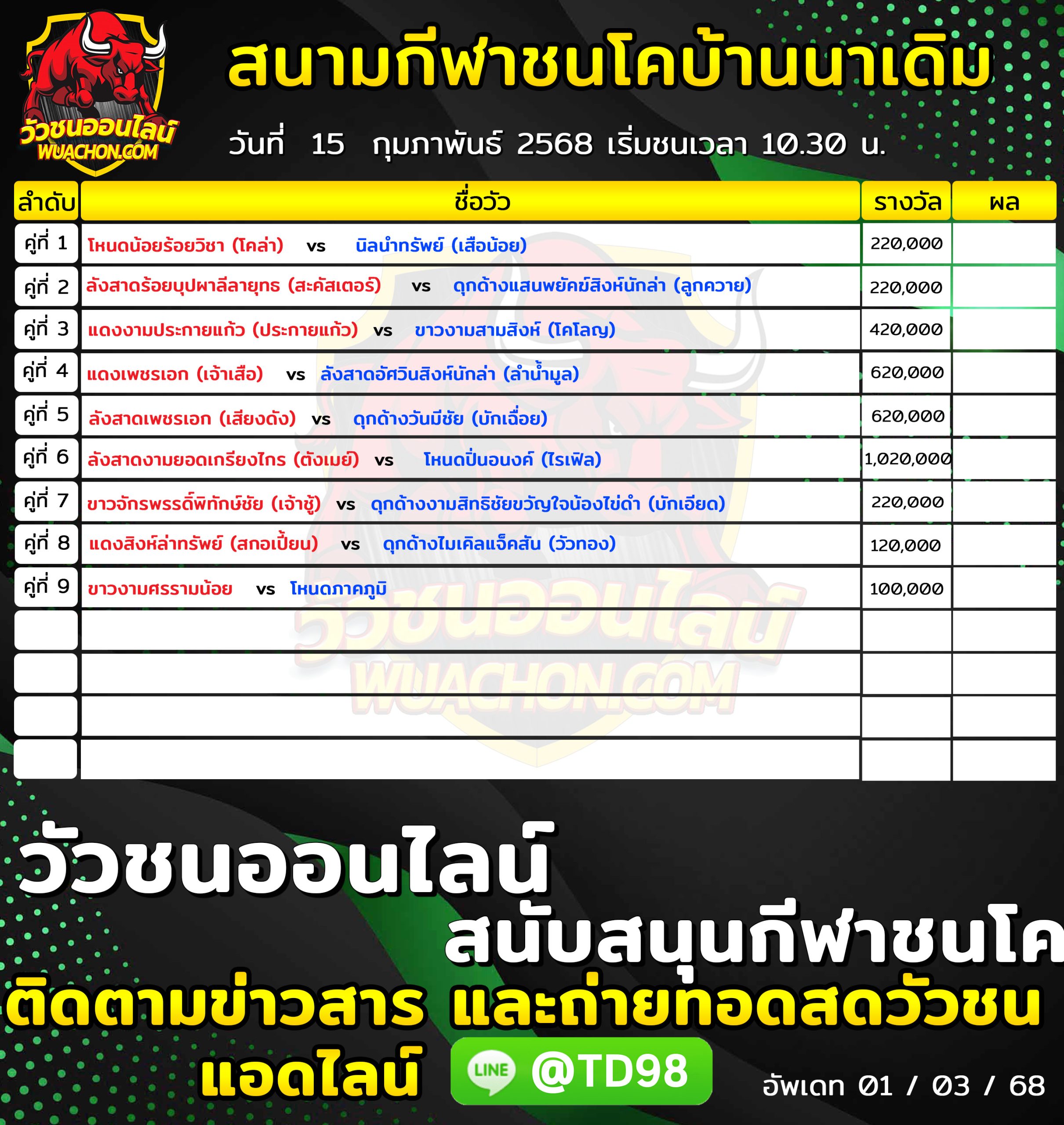 You are currently viewing โปรแกรมวัวชน  สนามกีฬาชนโคบ้านเดิม 15 กุมภาพันธ์ 2568 รายการวัวชน