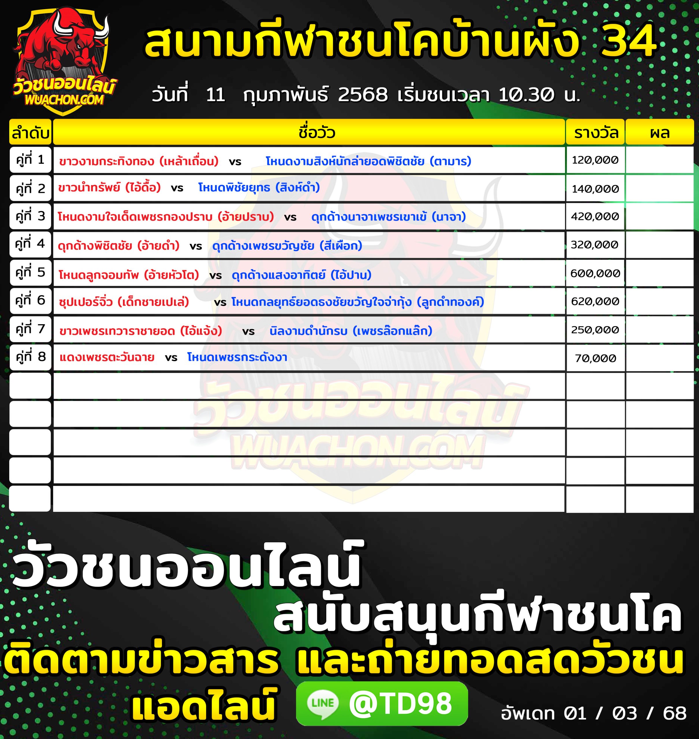 You are currently viewing โปรแกรมวัวชน สนามกีฬาชนโคบ้านผัง 34 11 กุมภาพันธ์ 2568 รายการวัวชน