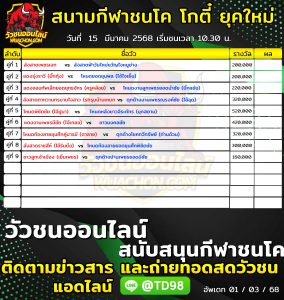 Read more about the article โปรแกรมวัวชน สนามกีฬาชนโคโกตี๋ ยุคใหม่ 15 มีนาคม 2568 รายการวัวชน