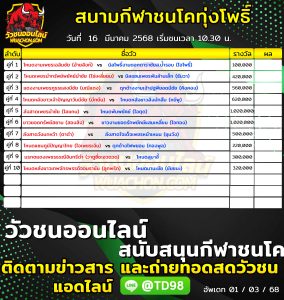 Read more about the article โปรแกรมวัวชน สนามกีฬาชนโคทุ่งโพธิ์สเตเดี้ยม 16 มีนาคม 2568 รายการวัวชน