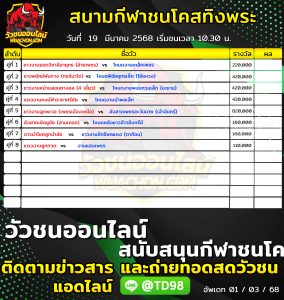 Read more about the article โปรแกรมวัวชน สนามกีฬาชนโคสทิงพระอารีน่า 19 มีนาคม 2568 รายการวัวชน