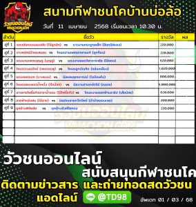 Read more about the article โปรแกรมวัวชน สนามกีฬาชนโคบ้านบ่อล้อ 11 เมษายน 2568 รายการวัวชน