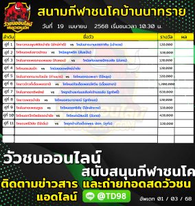 Read more about the article โปรแกรมวัวชน สนามกีฬาชนโคบ้านนาทราย 19 เมษายน 2568 รายการวัวชน