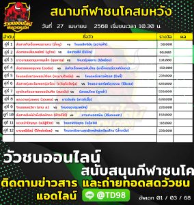 Read more about the article โปรแกรมวัวชน สนามกีฬาชนโคสมหวัง 27 เมษายน 2568 รายการวัวชน