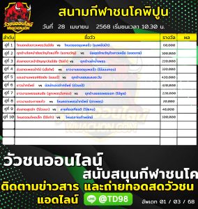 Read more about the article โปรแกรมวัวชน สนามกีฬาชนโคพิปูน 28 เมษายน 2568 รายการวัวชน