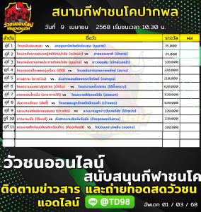 Read more about the article โปรแกรมวัวชน สนามกีฬาชนโคบ้านปากพล 9 เมษายน 2568 รายการวัวชน