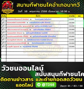 Read more about the article โปรแกรมวัวชน สนามกีฬาชนโคอำเภอนาทวี 10 พฤษภาคม 2569 รายการวัวชน
