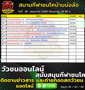 Read more about the article โปรแกรมวัวชน สนามกีฬาชนโคบ้านบ่อล้อ 10 พฤษภาคม 2569 รายการวัวชน