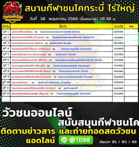 Read more about the article โปรแกรมวัวชน สนามกีฬาชนโคกระบี่ ไร่ใหญ่ 10 พฤษภาคม 2569 รายการวัวชน