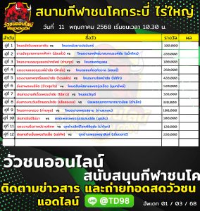 Read more about the article โปรแกรมวัวชน สนามกีฬาชนโคกระบี่ ไร่ใหญ่ 11 พฤษภาคม 2569 รายการวัวชน