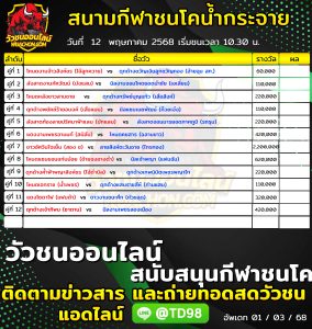 Read more about the article โปรแกรมวัวชน สนามกีฬาชนโคบ้านน้ำกระจาย 12 พฤษภาคม 2569 รายการวัวชน