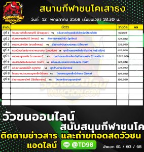 Read more about the article โปรแกรมวัวชน สนามกีฬาชนโคบ้านเสาธงสเตเดี้ยม 12 พฤษภาคม 2569 รายการวัวชน