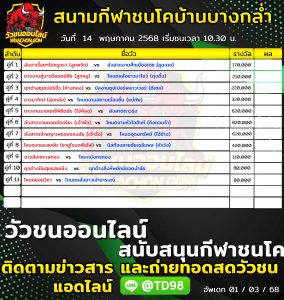Read more about the article โปรแกรมวัวชน สนามกีฬาชนโคบ้านบางกล่ำ 14 พฤษภาคม 2569 รายการวัวชน