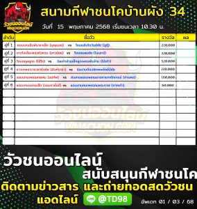 Read more about the article โปรแกรมวัวชน สนามกีฬาชนโคบ้านผัง 34 15 พฤษภาคม 2569 รายการวัวชน