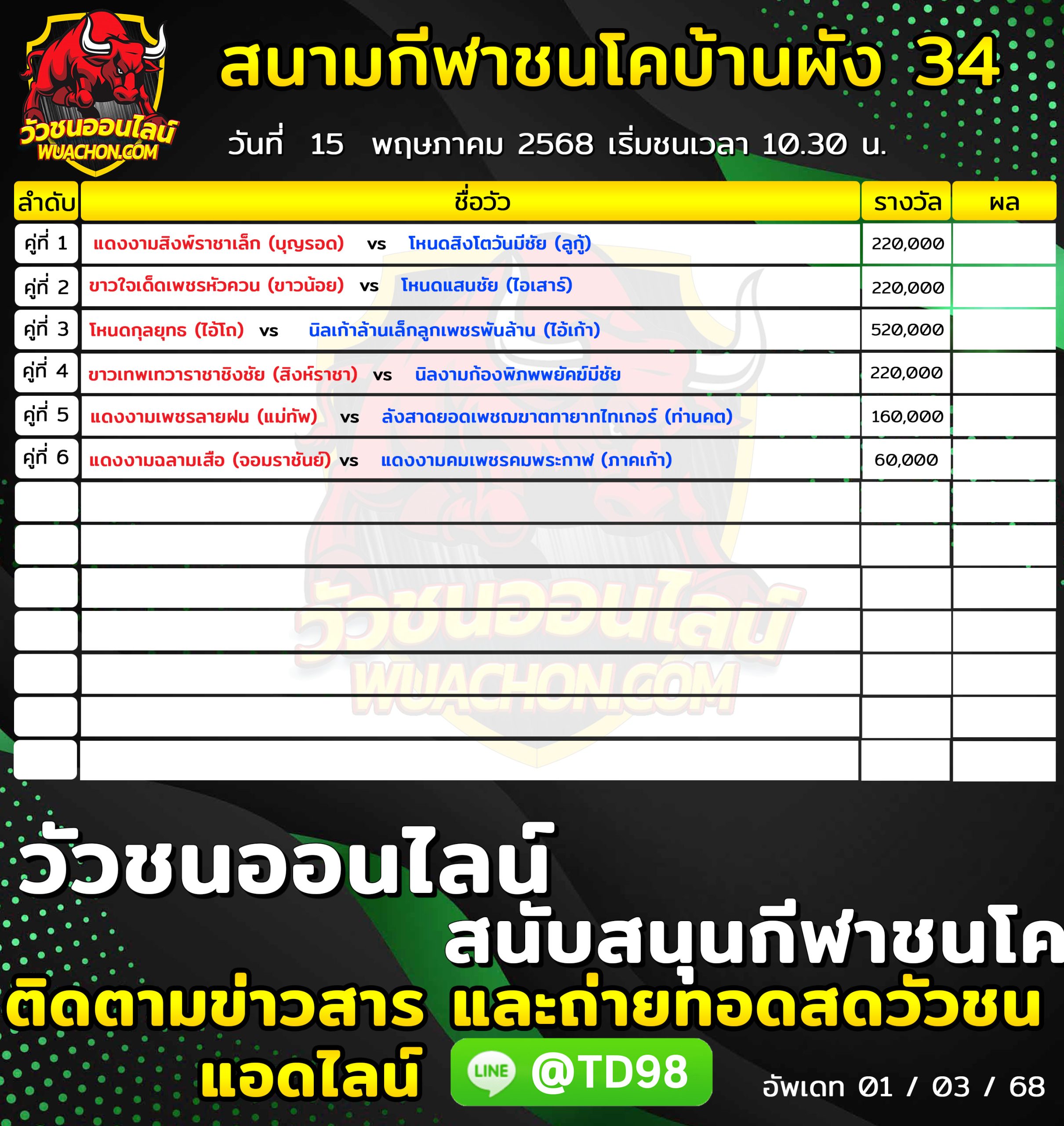 You are currently viewing โปรแกรมวัวชน สนามกีฬาชนโคบ้านผัง 34 15 พฤษภาคม 2569 รายการวัวชน