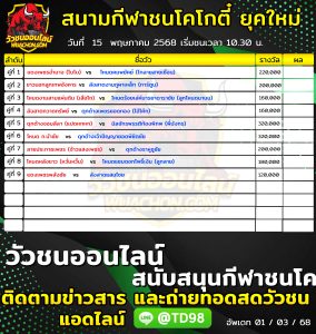 Read more about the article โปรแกรมวัวชน สนามกีฬาชนโคโกตี๋ ยุคใหม่ 15 พฤษภาคม 2569 รายการวัวชน