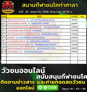 Read more about the article โปรแกรมวัวชน สนามกีฬาชนโคท่าศาลา 18 พฤษภาคม 2569 รายการวัวชน