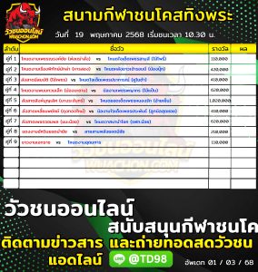 Read more about the article โปรแกรมวัวชน สนามกีฬาชนโคสทิงพระอารีน่า 19 พฤษภาคม 2569 รายการวัวชน