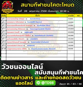 Read more about the article โปรแกรมวัวชน สนามกีฬาชนโคตะโหมด 20 พฤษภาคม 2569 รายการวัวชน