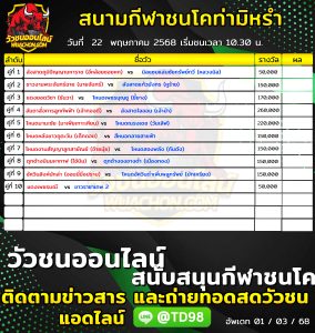 Read more about the article โปรแกรมวัวชน สนามกีฬาชนโคบ้านท่ามิหรำ 22 พฤษภาคม 2569 รายการวัวชน