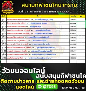 Read more about the article โปรแกรมวัวชน สนามกีฬาชนโคบ้านนาทราย 23 พฤษภาคม 2569 รายการวัวชน
