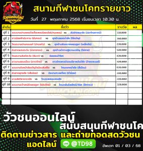 Read more about the article โปรแกรมวัวชน สนามกีฬาชนโคทรายขาว 27 พฤษภาคม 2569 รายการวัวชน