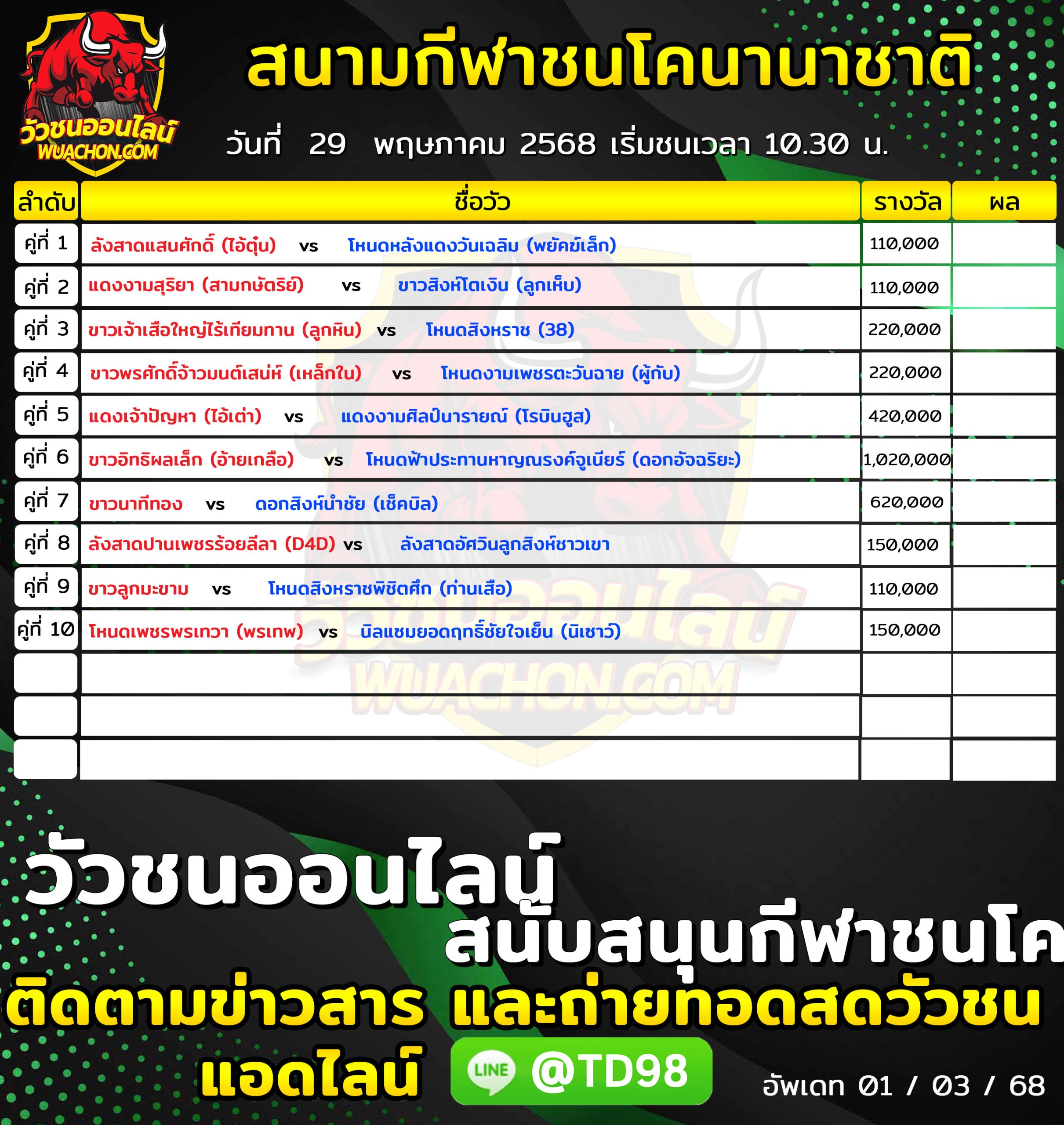 You are currently viewing โปรแกรมวัวชน สนามกีฬาชนโคนานาชาติ 29 พฤษภาคม 2569 รายการวัวชน