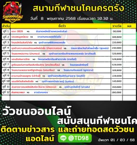 Read more about the article โปรแกรมวัวชน สนามกีฬาชนโคนครตรัง 8 พฤษภาคม 2569 รายการวัวชน