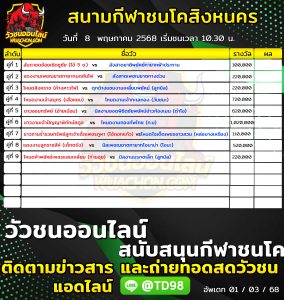 Read more about the article โปรแกรมวัวชน สนามกีฬาชนโคสิงหนคร 8 พฤษภาคม 2569 รายการวัวชน