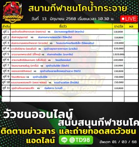 Read more about the article โปรแกรมวัวชน สนามกีฬาชนโคบ้านน้ำกระจาย 13 มิถุนายน 2569 รายการวัวชน