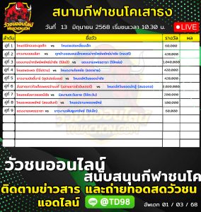 Read more about the article โปรแกรมวัวชน สนามกีฬาชนโคเสาธงสเตเดี้ยม 13 มิถุนายน 2569 รายการวัวชน