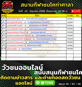 Read more about the article โปรแกรมวัวชน สนามกีฬาชนโคท่าศาลา 24 มิถุนายน 2569 รายการวัวชน