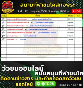 Read more about the article โปรแกรมวัวชน สนามกีฬาชนโคสทิงพระอารีน่า 17 กรกฎาคม 2569 รายการวัวชน