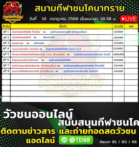 Read more about the article โปรแกรมวัวชน สนามกีฬาชนโคบ้านนาทราย 19 กรกฎาคม 2569 รายการวัวชน