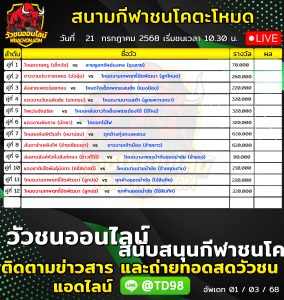 Read more about the article โปรแกรมวัวชน สนามกีฬาชนโคตะโหมด 21 กรกฎาคม 2569 รายการวัวชน