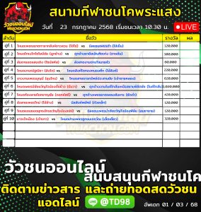 Read more about the article โปรแกรมวัวชน สนามกีฬาชนโคพระแสง 23 กรกฎาคม 2569 รายการวัวชน