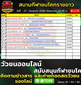 Read more about the article โปรแกรมวัวชน สนามกีฬาชนโคบ้านทรายขาว 27 กรกฎาคม 2569 รายการวัวชน