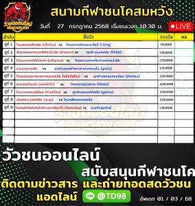 Read more about the article โปรแกรมวัวชน สนามกีฬาชนโคสมหวัง 27 กรกฎาคม 2569 รายการวัวชน