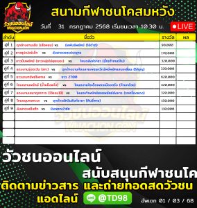 Read more about the article โปรแกรมวัวชน สนามกีฬาชนโคสมหวัง 31 กรกฎาคม 2569 รายการวัวชน
