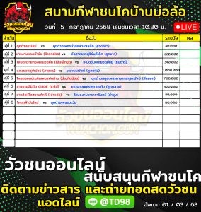Read more about the article โปรแกรมวัวชน สนามกีฬาชนโคบ้านบ่อล้อ 5 กรกฎาคม 2569 รายการวัวชน