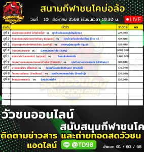 Read more about the article โปรแกรมวัวชน สนามกีฬาชนโคบ้านบ่อล้อ 10 สิงหาคม 2569 รายการวัวชน