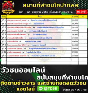 Read more about the article โปรแกรมวัวชน สนามกีฬาชนโคบ้านปากพล 10 สิงหาคม 2569 รายการวัวชน