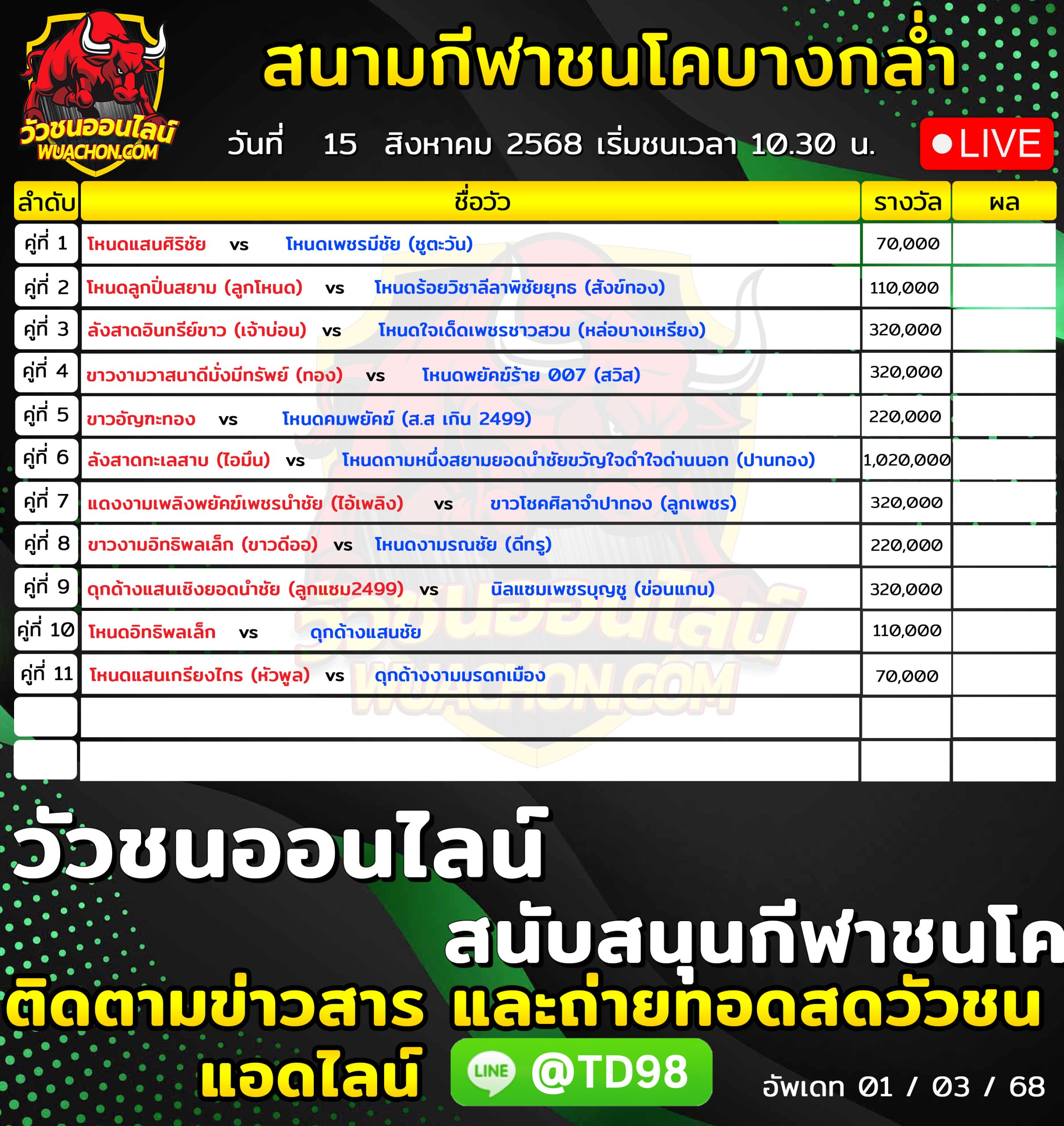 You are currently viewing โปรแกรมวัวชน สนามกีฬาชนโคบ้านบางกล่ำ 15 สิงหาคม 2569 รายการวัวชน
