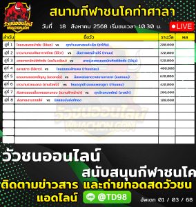Read more about the article โปรแกรมวัวชน สนามกีฬาชนโคท่าศาลา 18 สิงหาคม 2569 รายการวัวชน