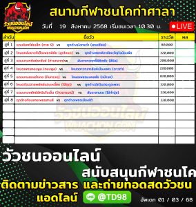 Read more about the article โปรแกรมวัวชน สนามกีฬาชนโคท่าศาลา 19 สิงหาคม 2569 รายการวัวชน